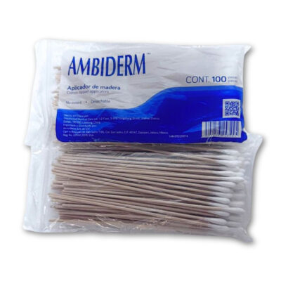 APLICADOR DE MADERA CON ALGODON PAQUETE/100 PZAS. MARCA AMBIDERM